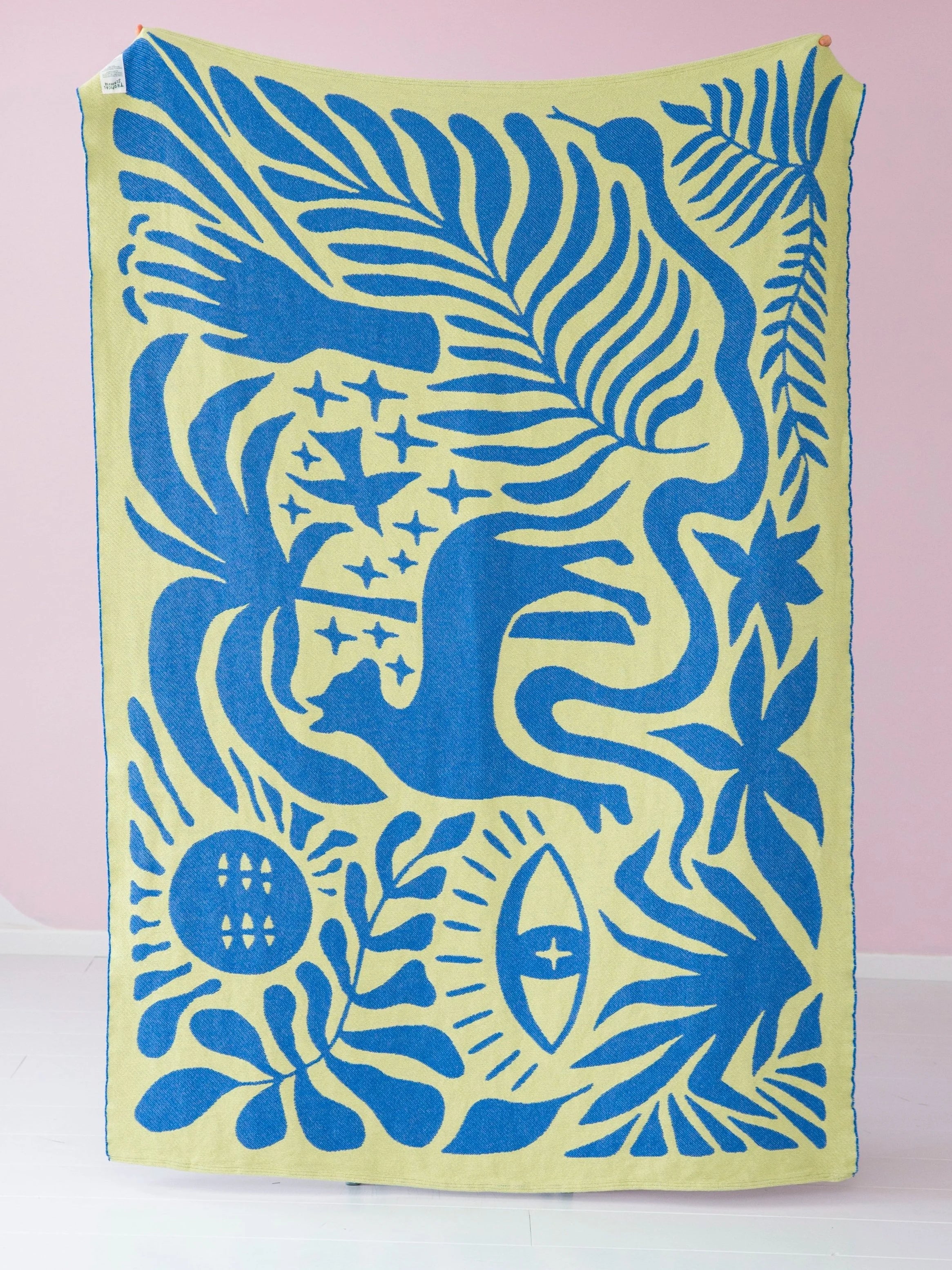 Totem animal garden / cotton blanket / lime & blue